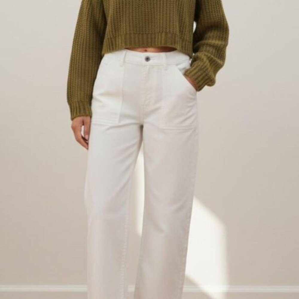EVERLANE Sz 4 Ecru White Wide Leg Jeans Pants Cropped High Rise Waist Stretch - Picture 7 of 7